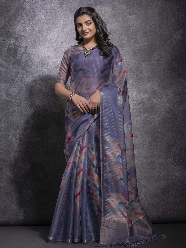 Slate Blue Pattern Linen SIlk Digital Print Saree